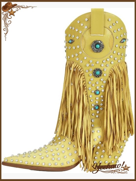 Shoes - Fringe Cowboy Boots Rhinestone Embellishments Mid Calf Western Booties